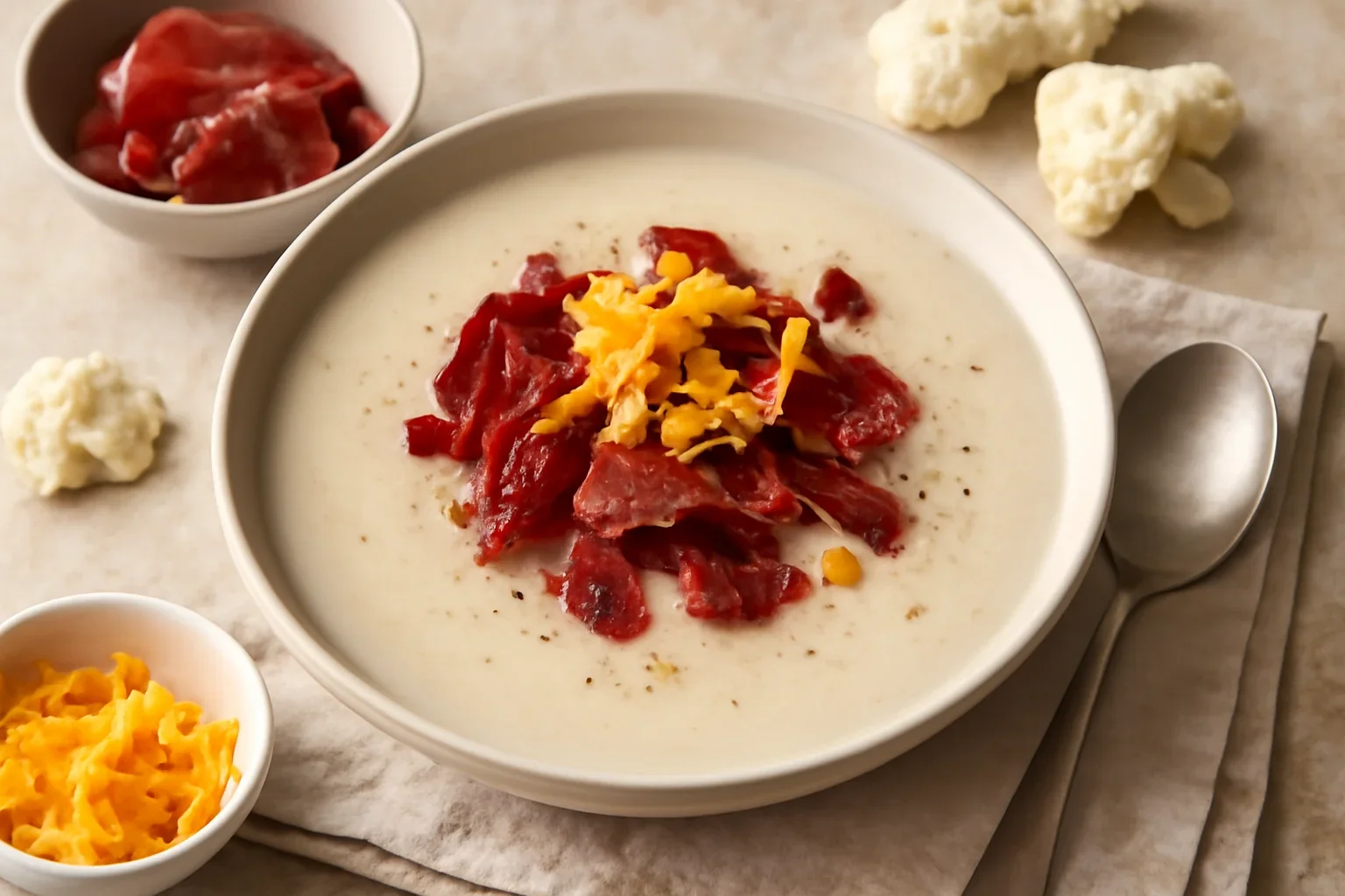 Supă de conopidă cu bresaola prăjită și cheddar