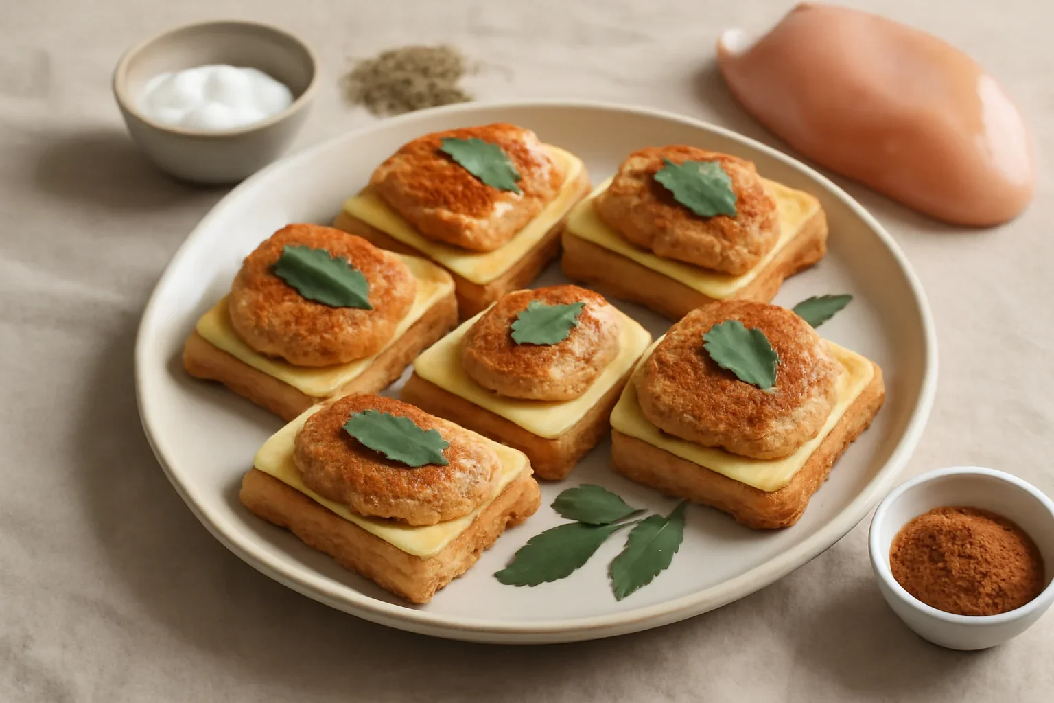 Aperitiv din piept de pui, cascaval si paine toast