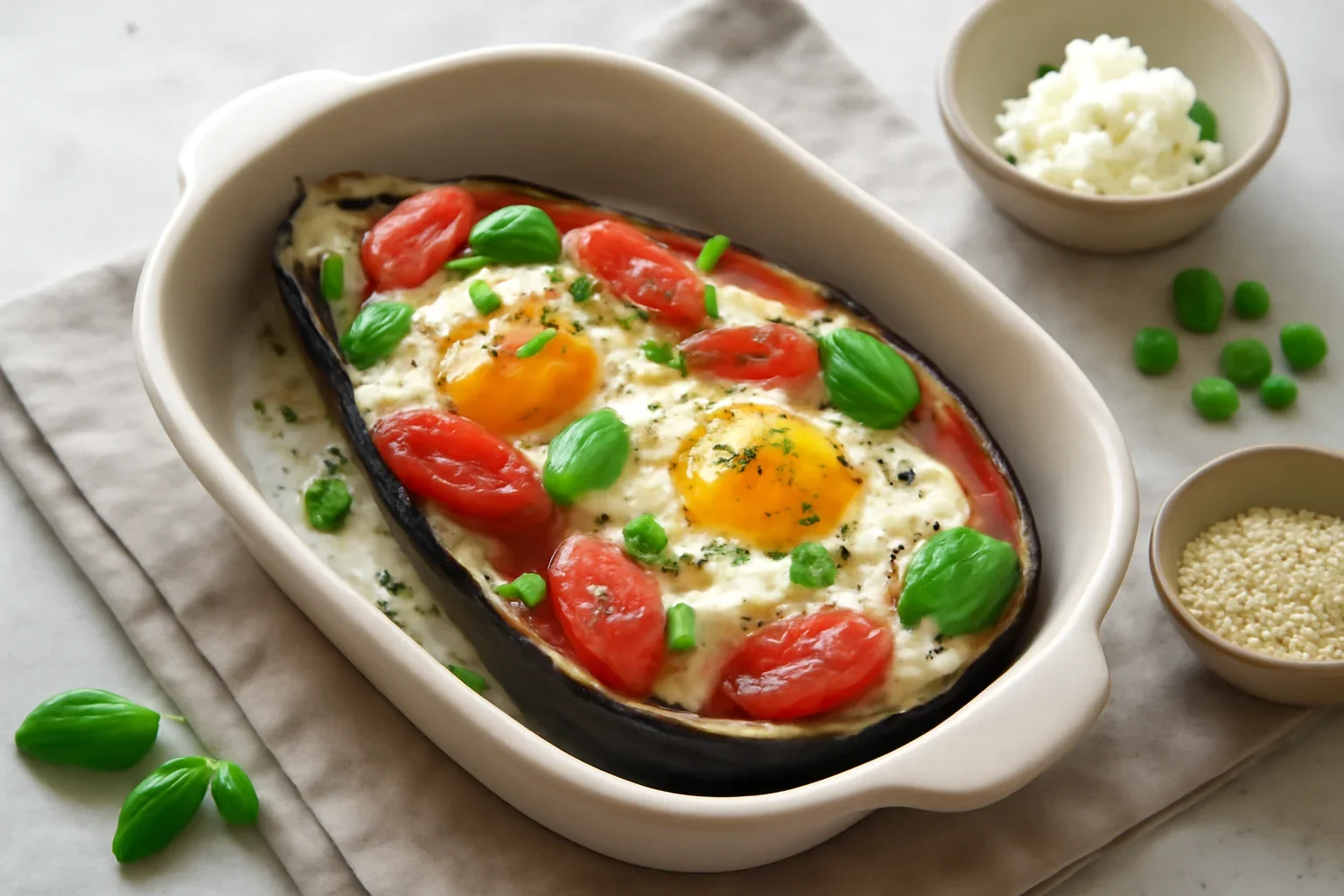Vinete cu oua, rosii si mozzarella la cuptor