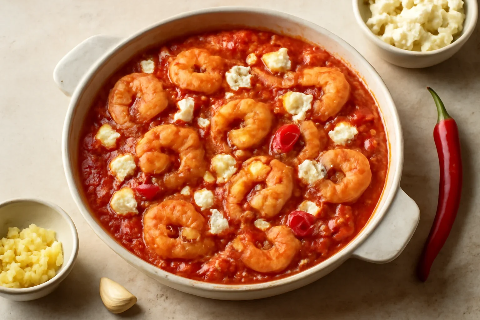 Creveti Saganaki cu branza feta si sos de rosii