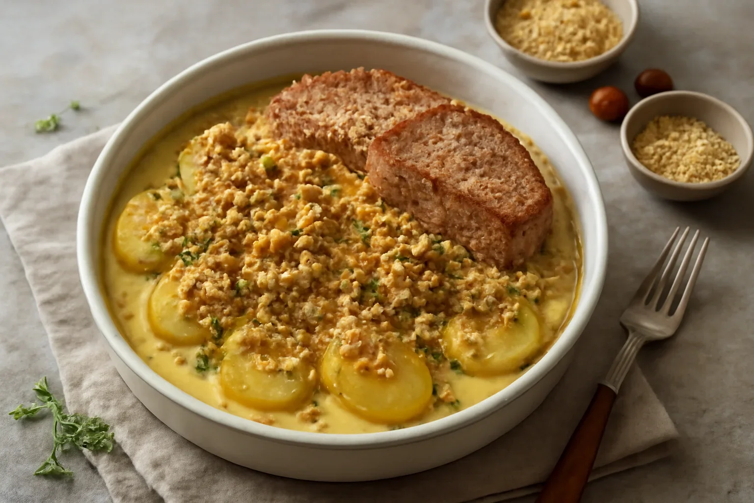 Cartofi la cuptor cu sos de muştar şi carne de porc