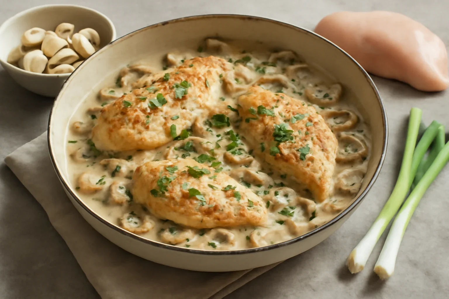 Piept de pui cu sos cremos de ciuperci cu smântână, usturoi și parmezan
