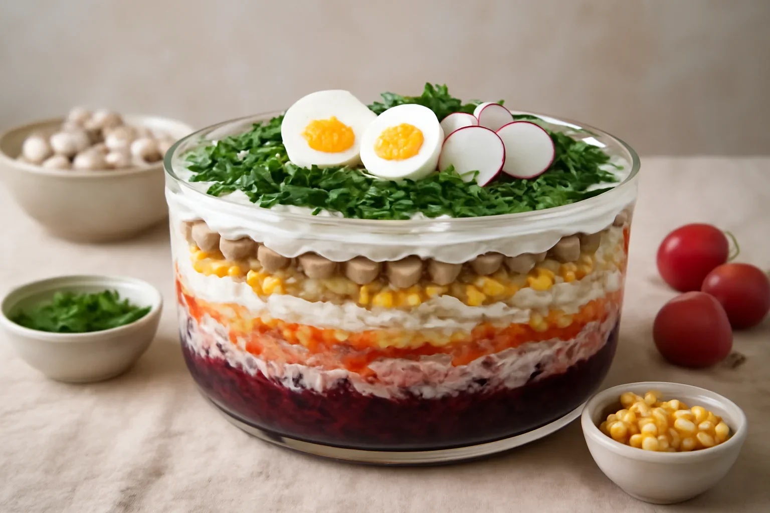 Salată în straturi cu pui, ciuperci, porumb, cartofi, sfeclă roșie – Salată Poienița