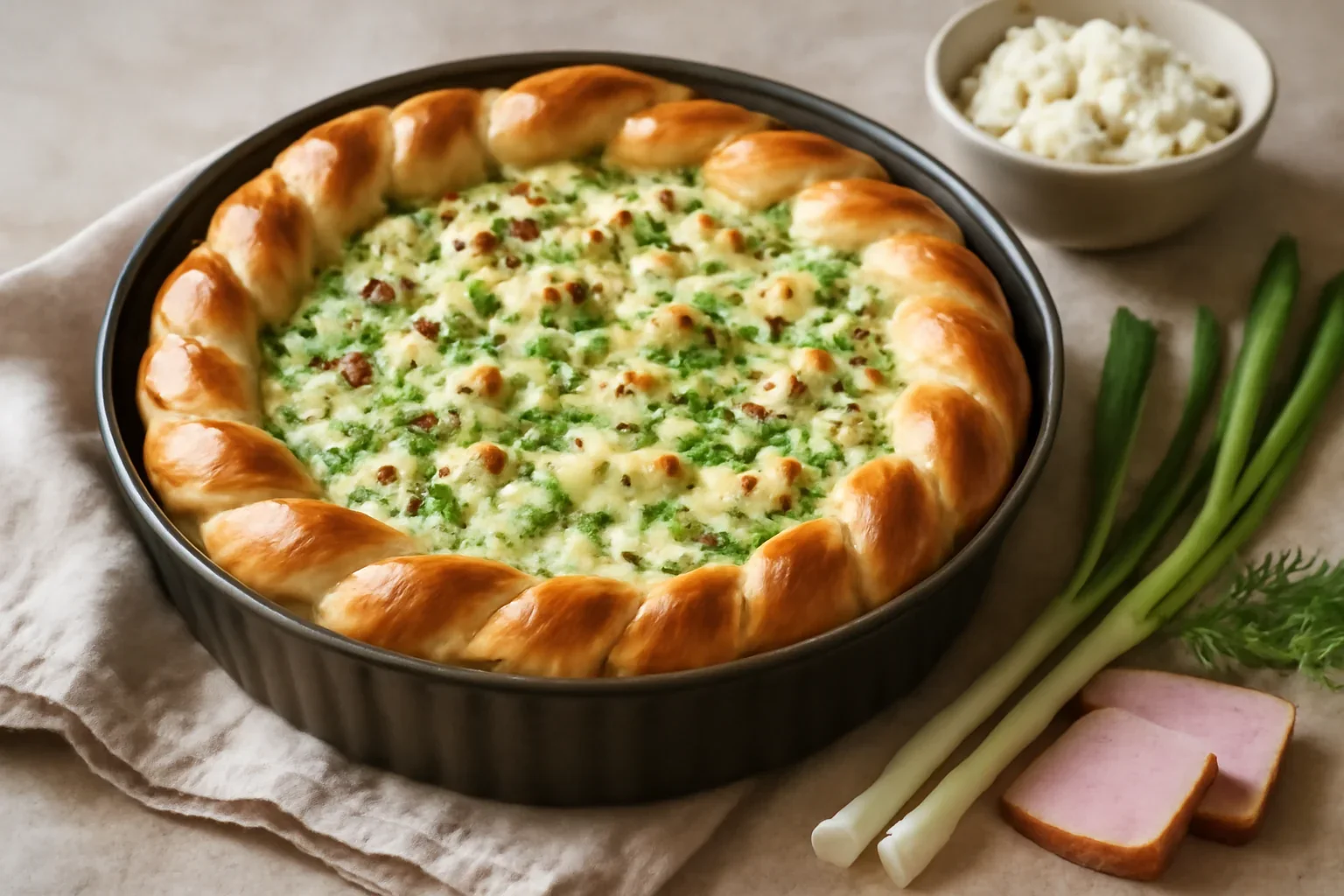 Pasca cu branza sarata si ceapa verde, usturoi, sunca afumata – placinta aperitiv