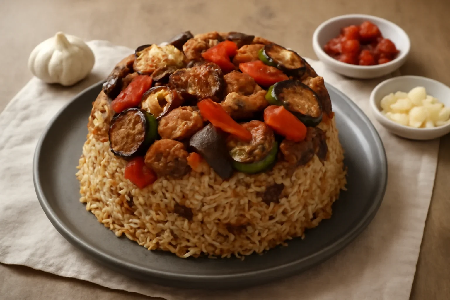Orez cu legume si carne – la cuptor – maqluba
