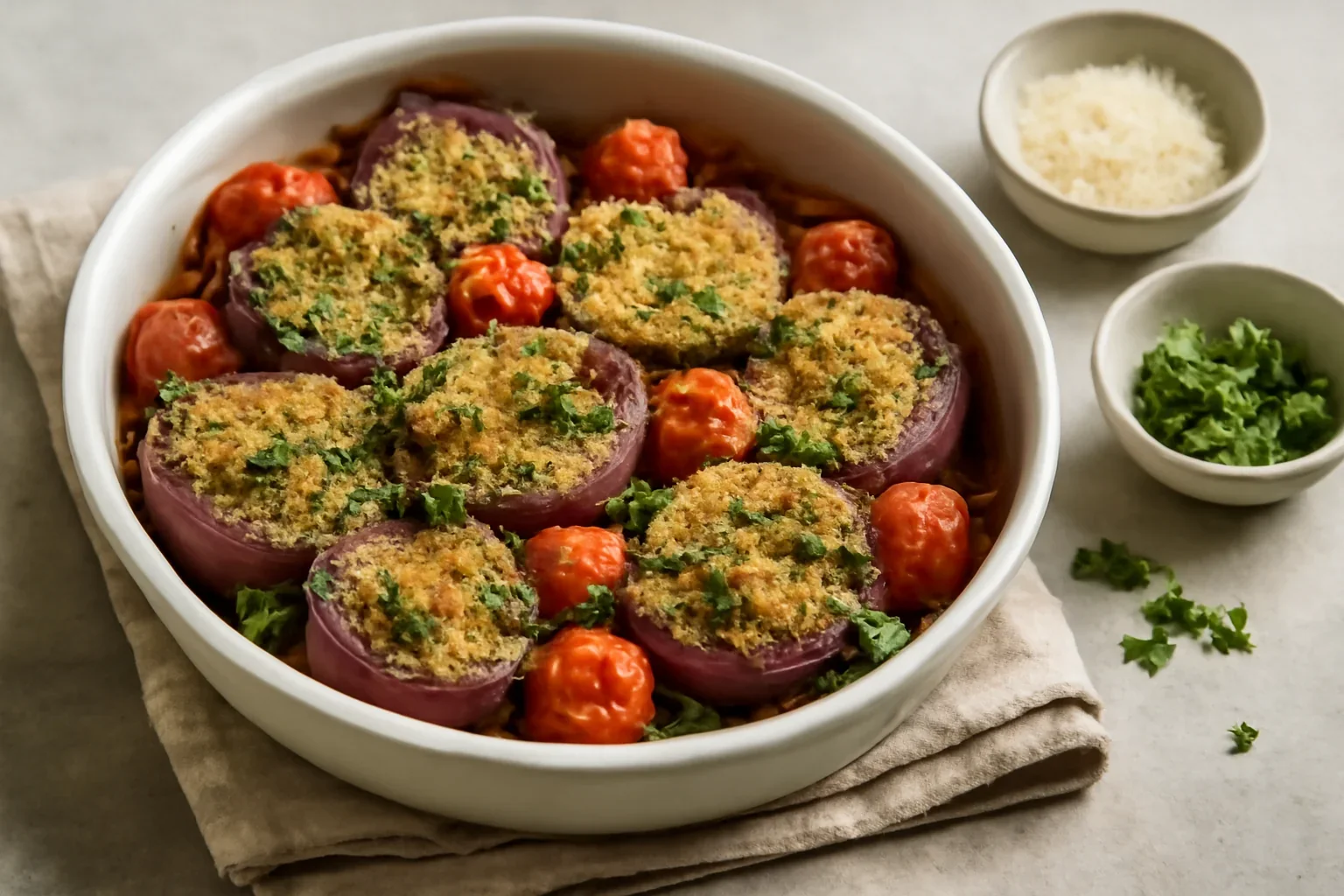 Ceapa rosie cu rosii cherry si capere gratinate