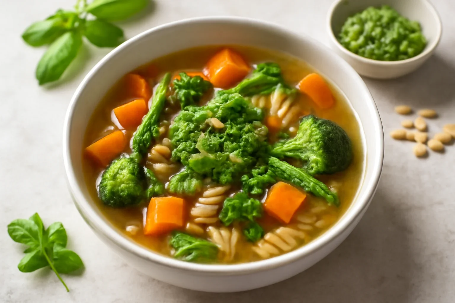 Supă de legume cu pesto de busuioc și paste