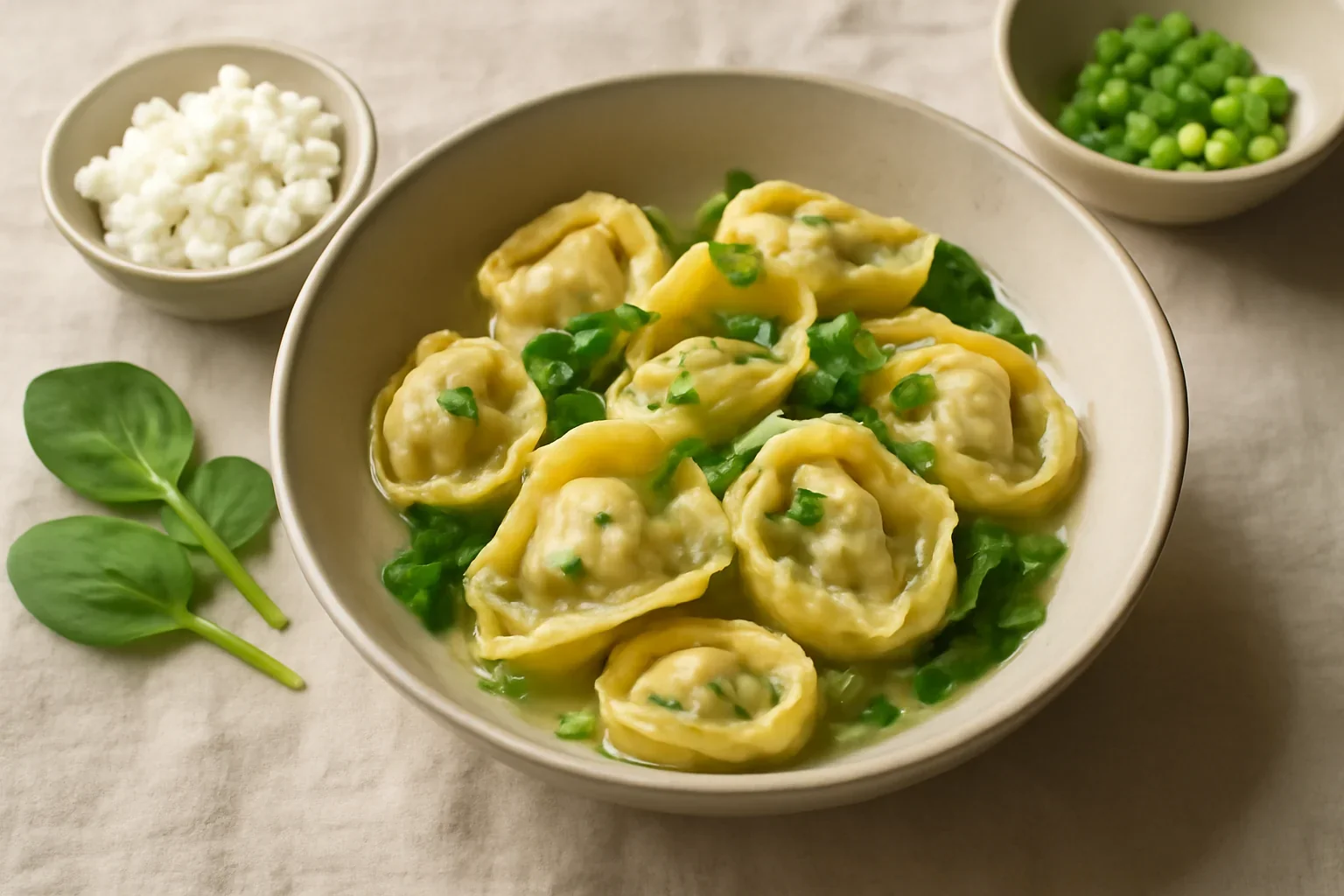 Tortellini proaspeți cu urdă și ierburi de primăvară