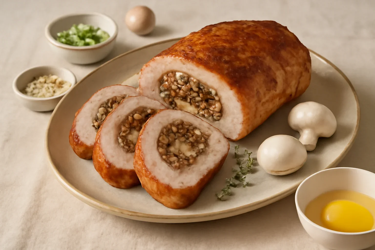 Rulada aperitiv din cotlet de porc cu ciuperci