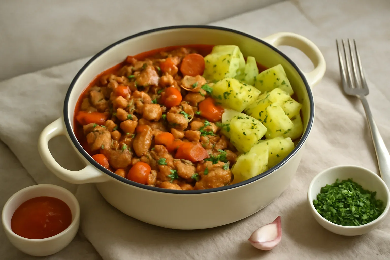 Tocăniță de porc cu legume + garnitură de cartofi natur – totul într-o oală!