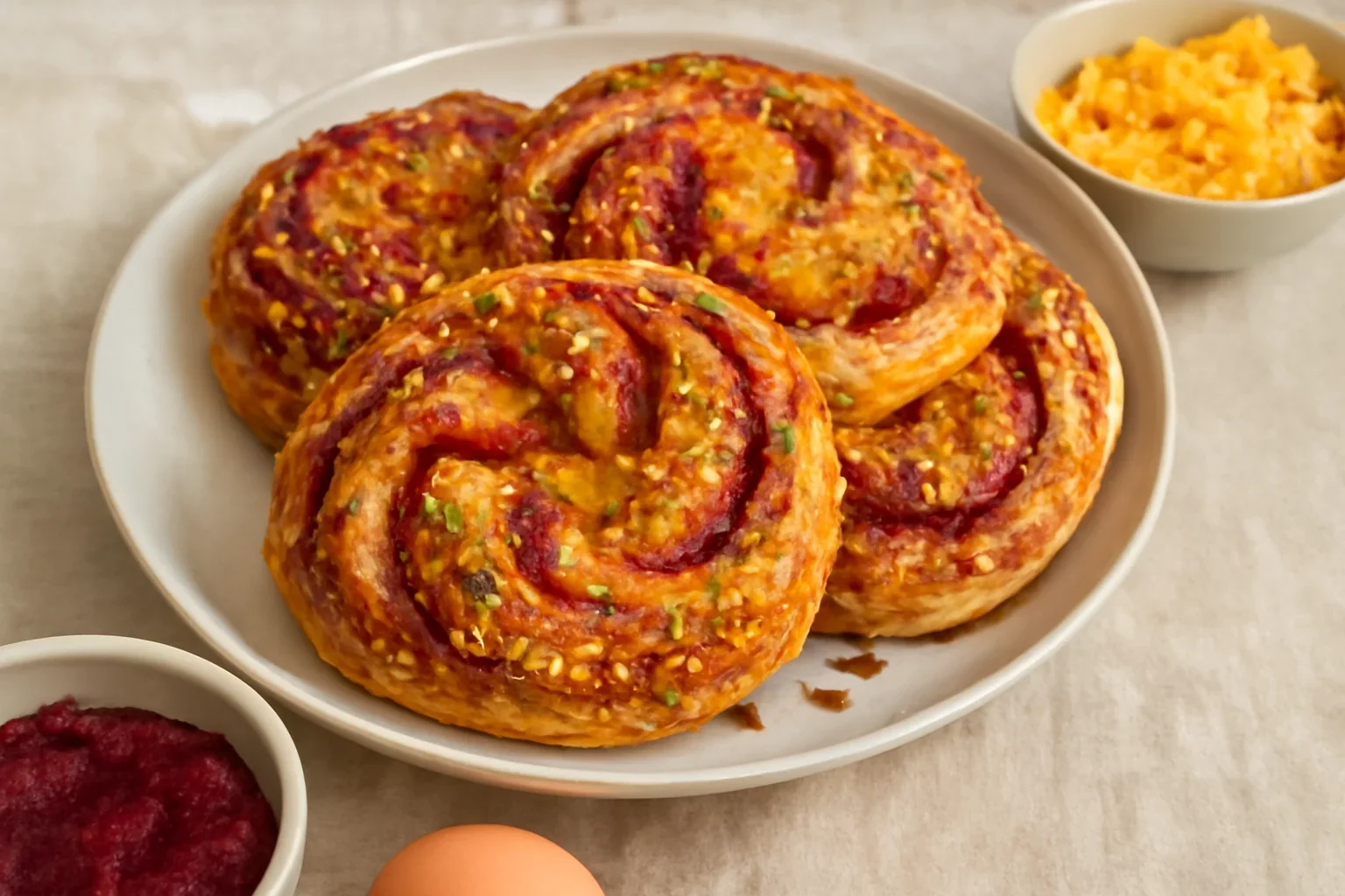 Covrigi pufosi cu swirl de sfeclă și cheddar