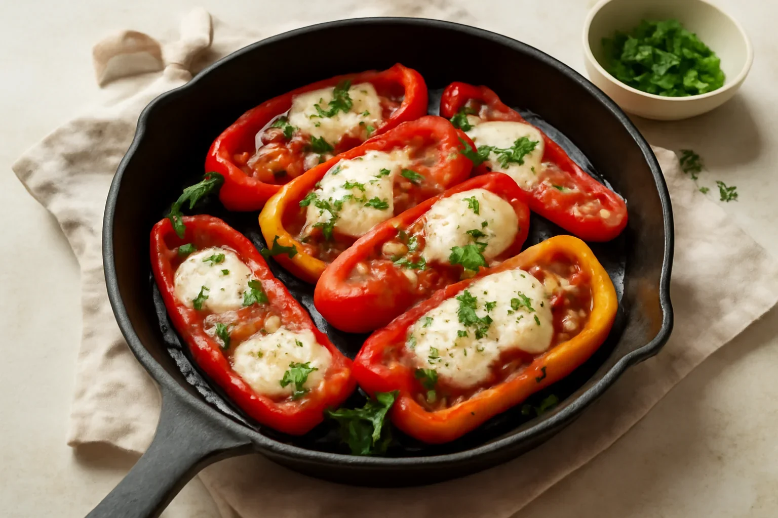Ardei cu mozzarella si rosii la tigaie