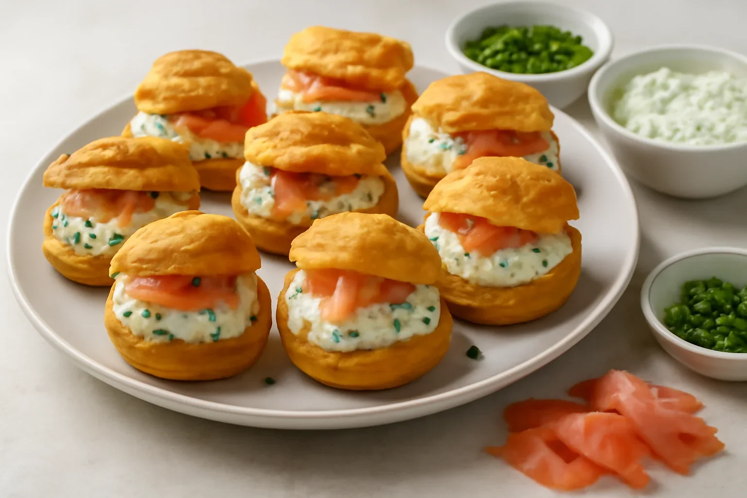 Aperitiv choux sărat cu brânză și somon – rețetă festivă, rapidă și gustoasă