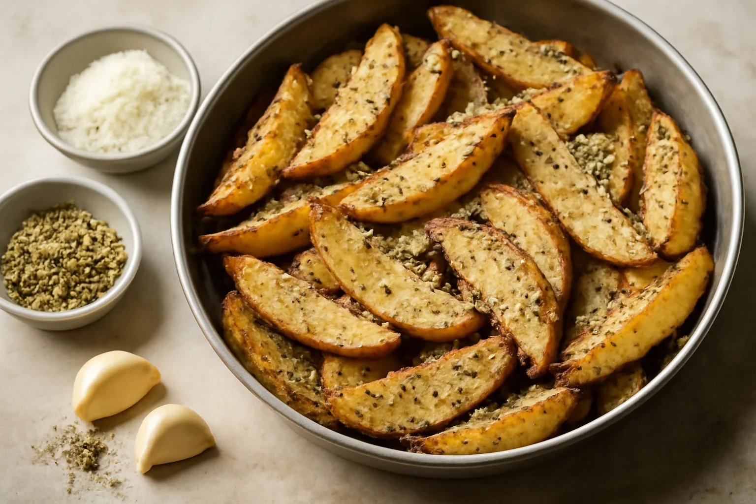 Cartofi la cuptor cu usturoi si parmezan reteta de garlic parmesan wedges
