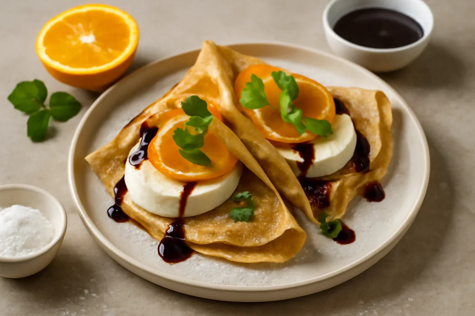 Camembert en crepe cu portocala confiata