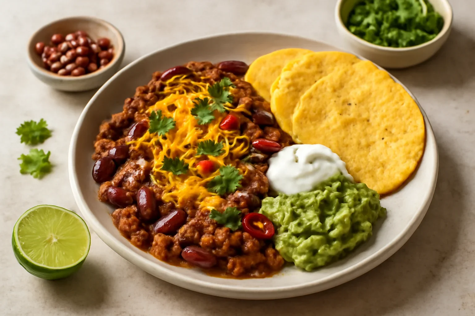 Chilli con carne picant, tortilla de porumb și guacamole