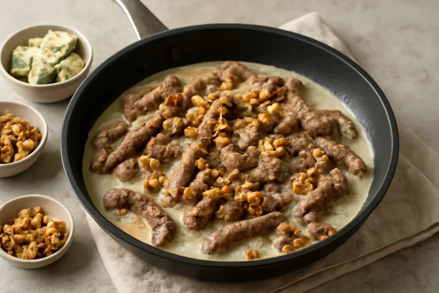 Vitel la tigaie cu gorgonzola si nuci
