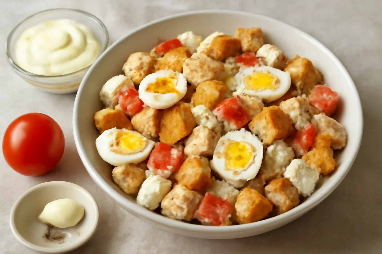 Salata cu piept de pui, oua, crutoane si mac