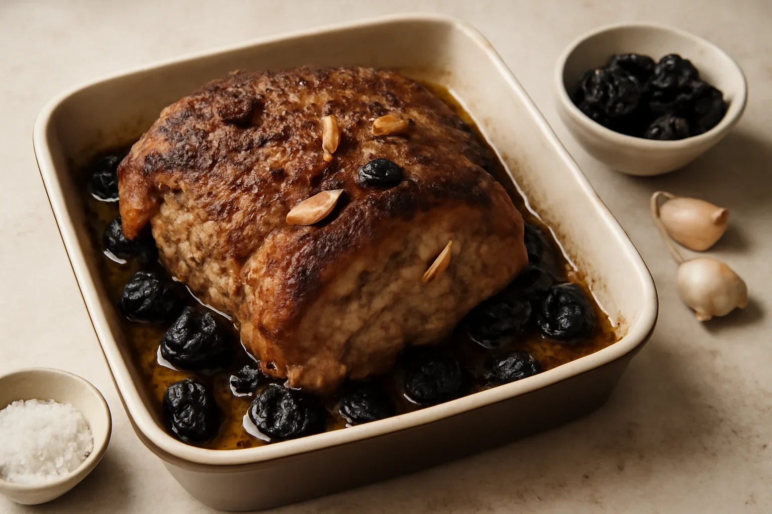 Friptura de porc la cuptor cu prune uscate si usturoi