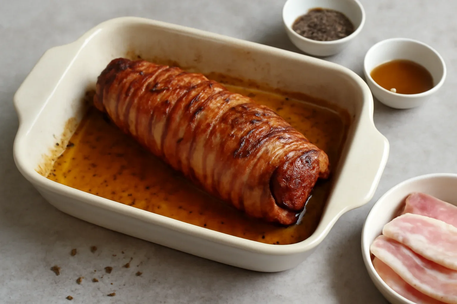 Mușchiuleț de porc umplut cu cârnat și învelit în bacon – rețeta de friptură fragedă la cuptor