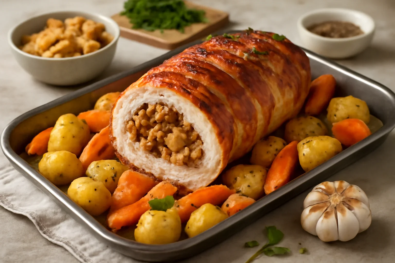Rulada din piept de curcan cu ciuperci si bacon – friptura la cuptor