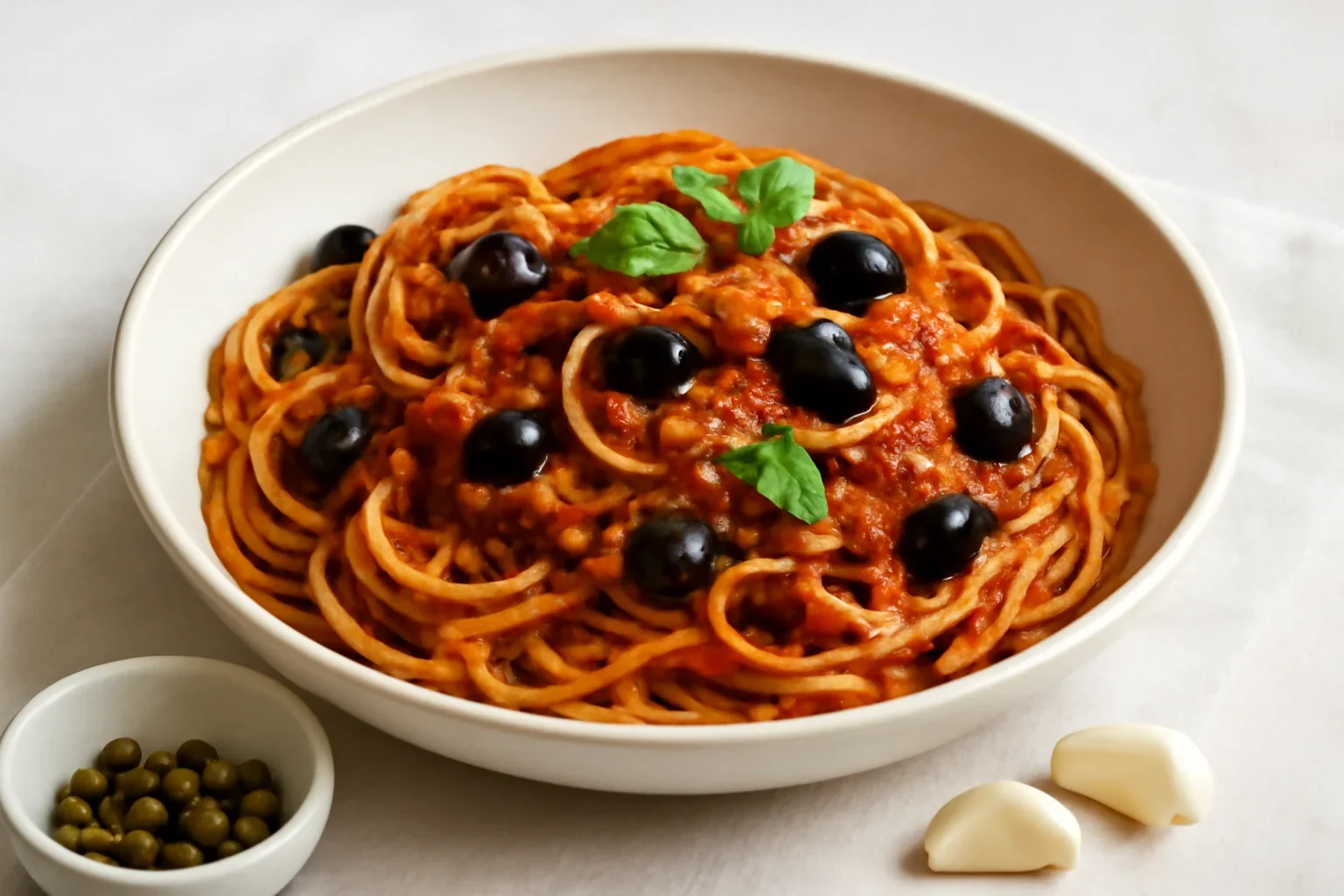 Spaghete cu sos de roșii cu busuioc și măsline
