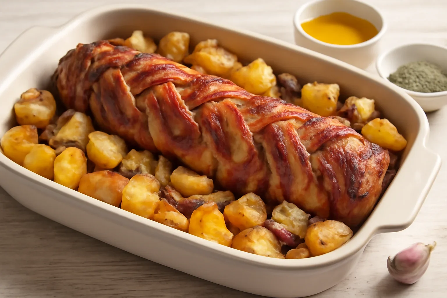 Mușchiuleț împletit cu bacon la cuptor, cu garnitură de cartofi