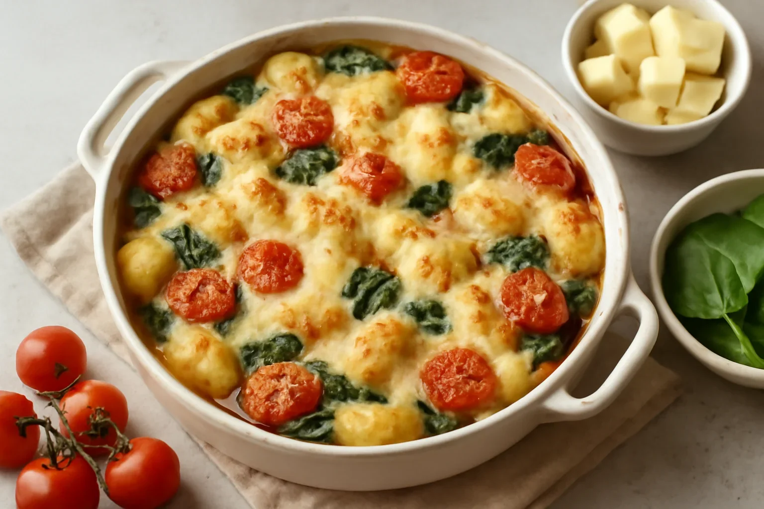 Gnocchi cu cascaval, spanac si rosii cherry