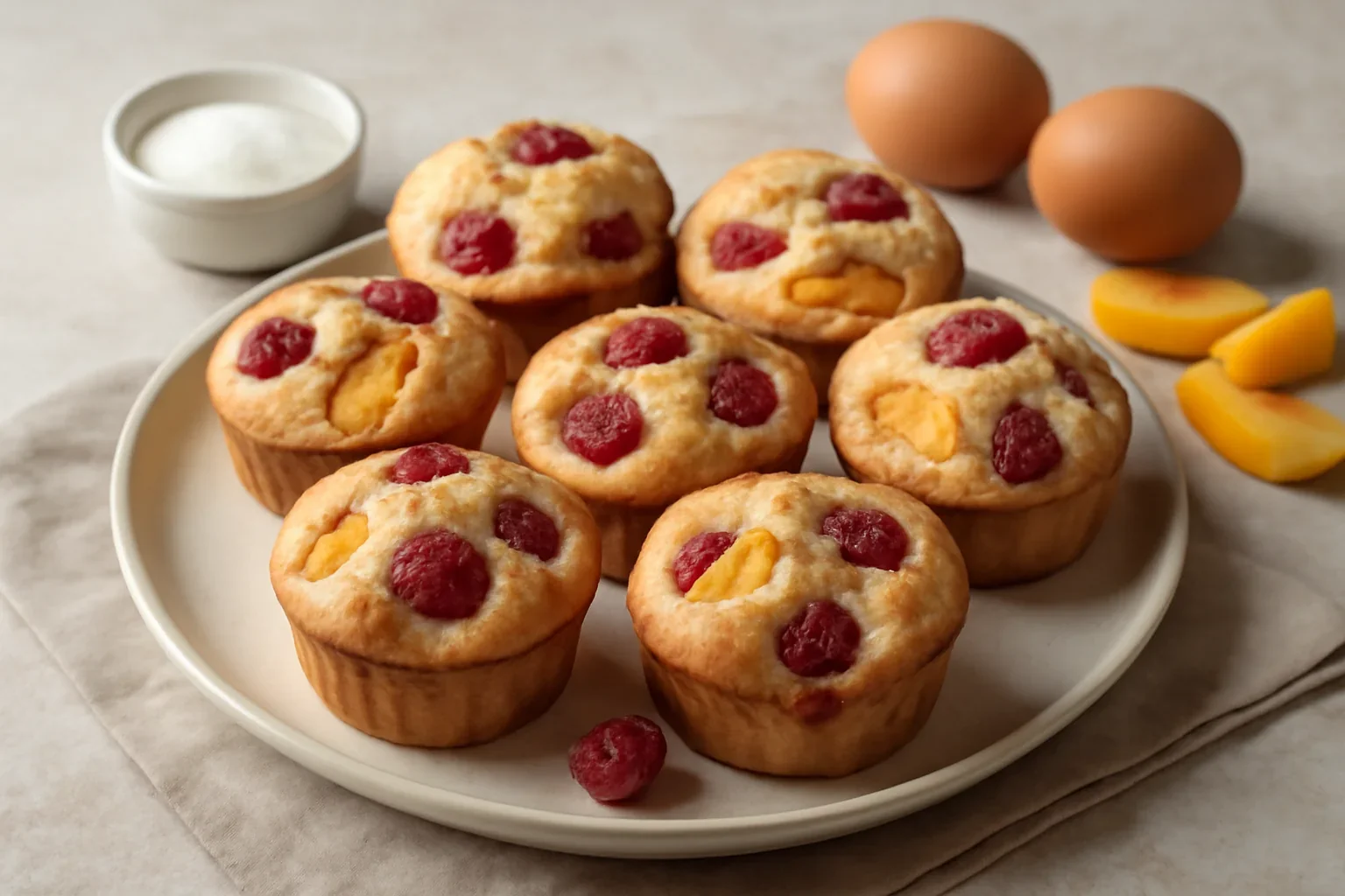 Briose pufoase (muffins) cu fructe: zmeura, piersici, caise