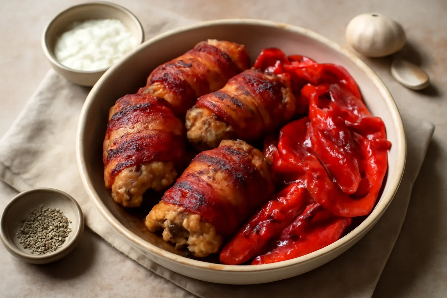 Pulpe de pui invelite in bacon la gratar, cu ardei copti si mujdei