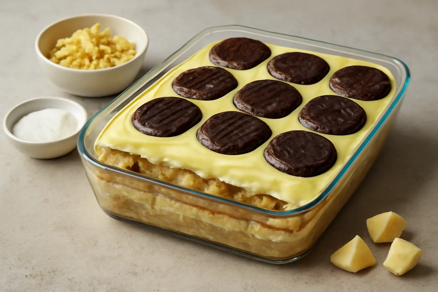 Prăjitură fără coacere cu mere, biscuiți și budincă de vanilie