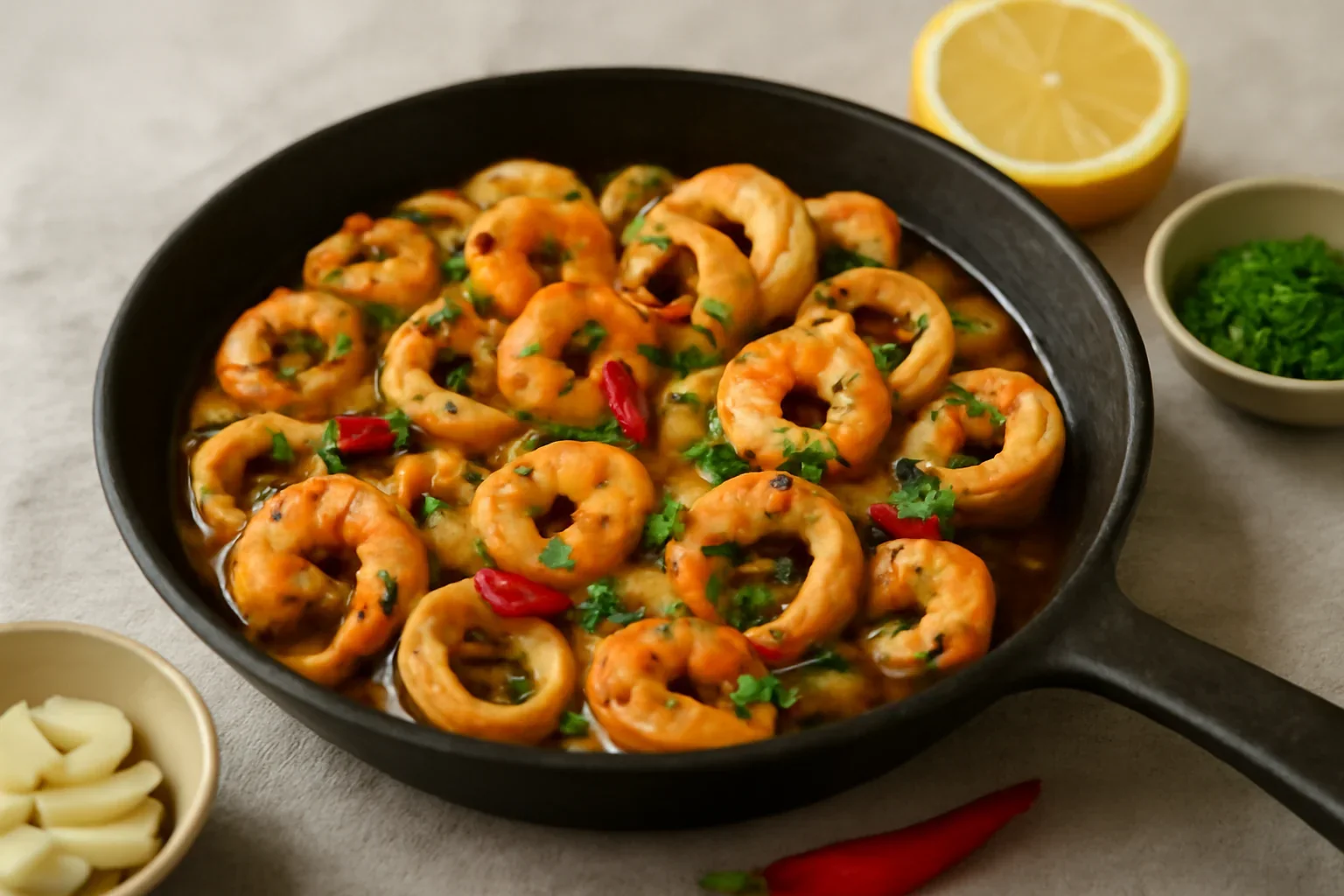 Creveți și calamari pil pil