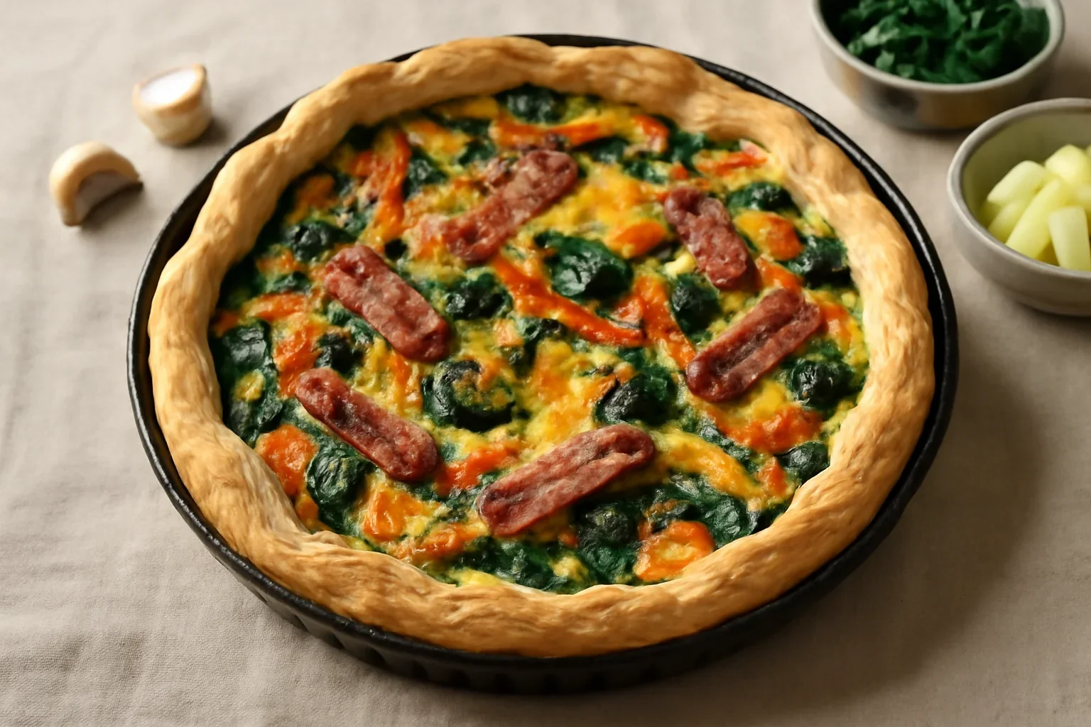 Tarta sarata din aluat foietaj cu legume si costita afumata
