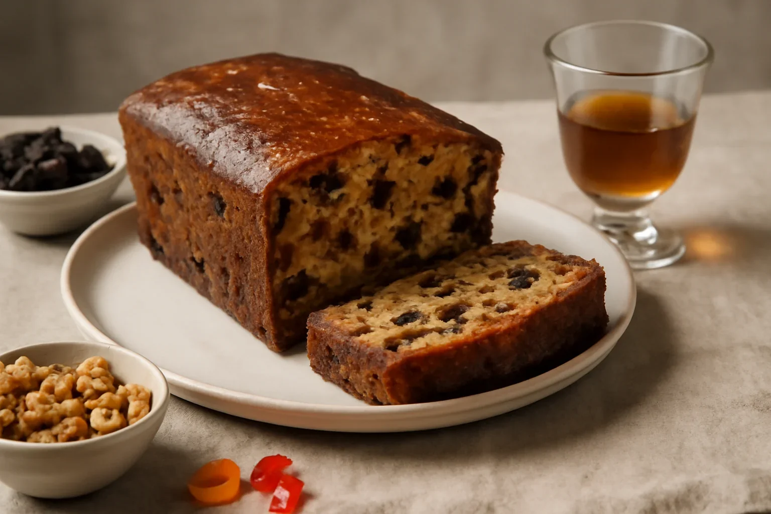 Fruitcake englezesc îmbătat cu brandy sau rom – prăjitură cu fructe confiate și nuci, pentru Crăciun
