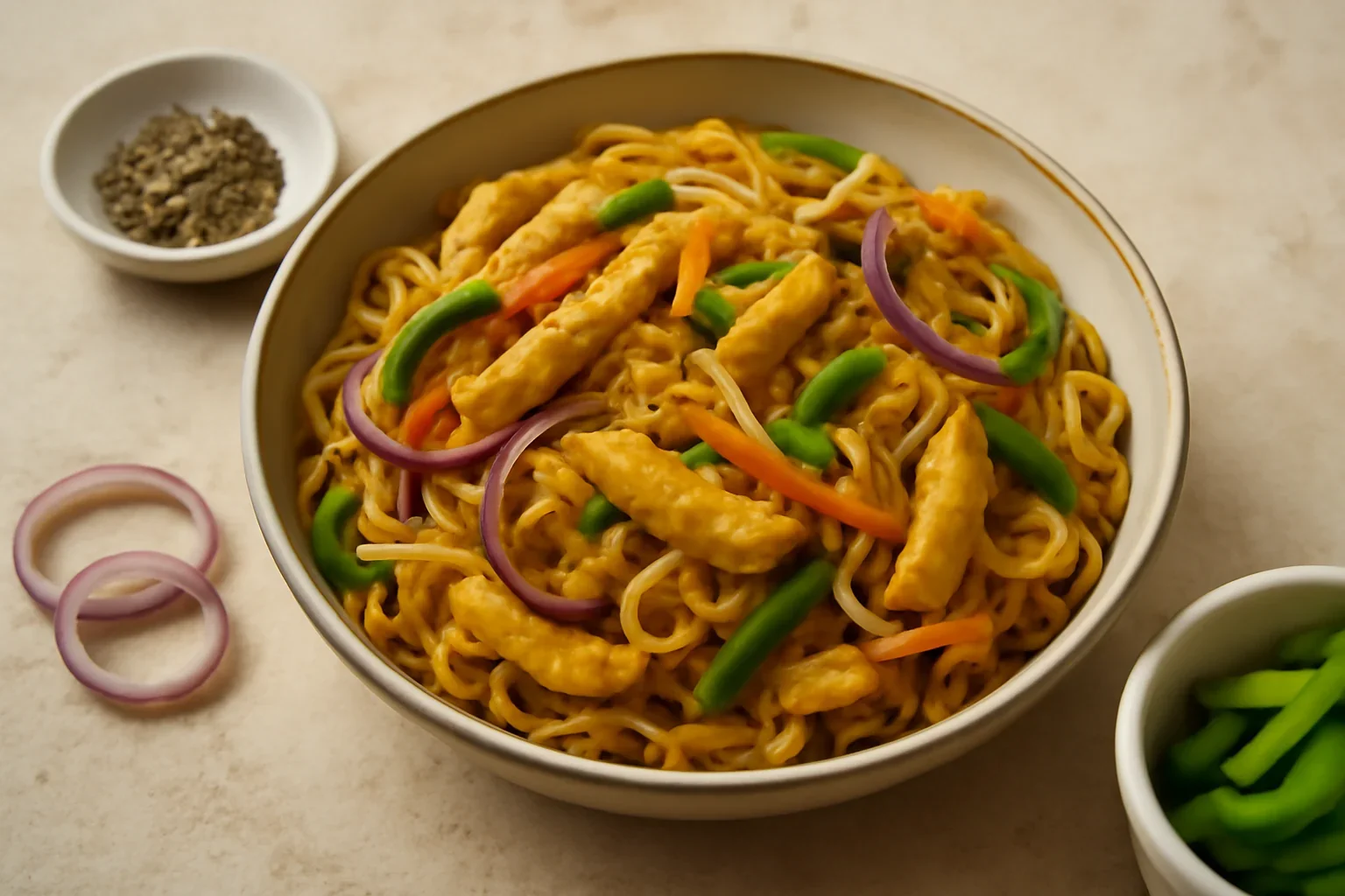 Tăiței de orez cu pui și curry