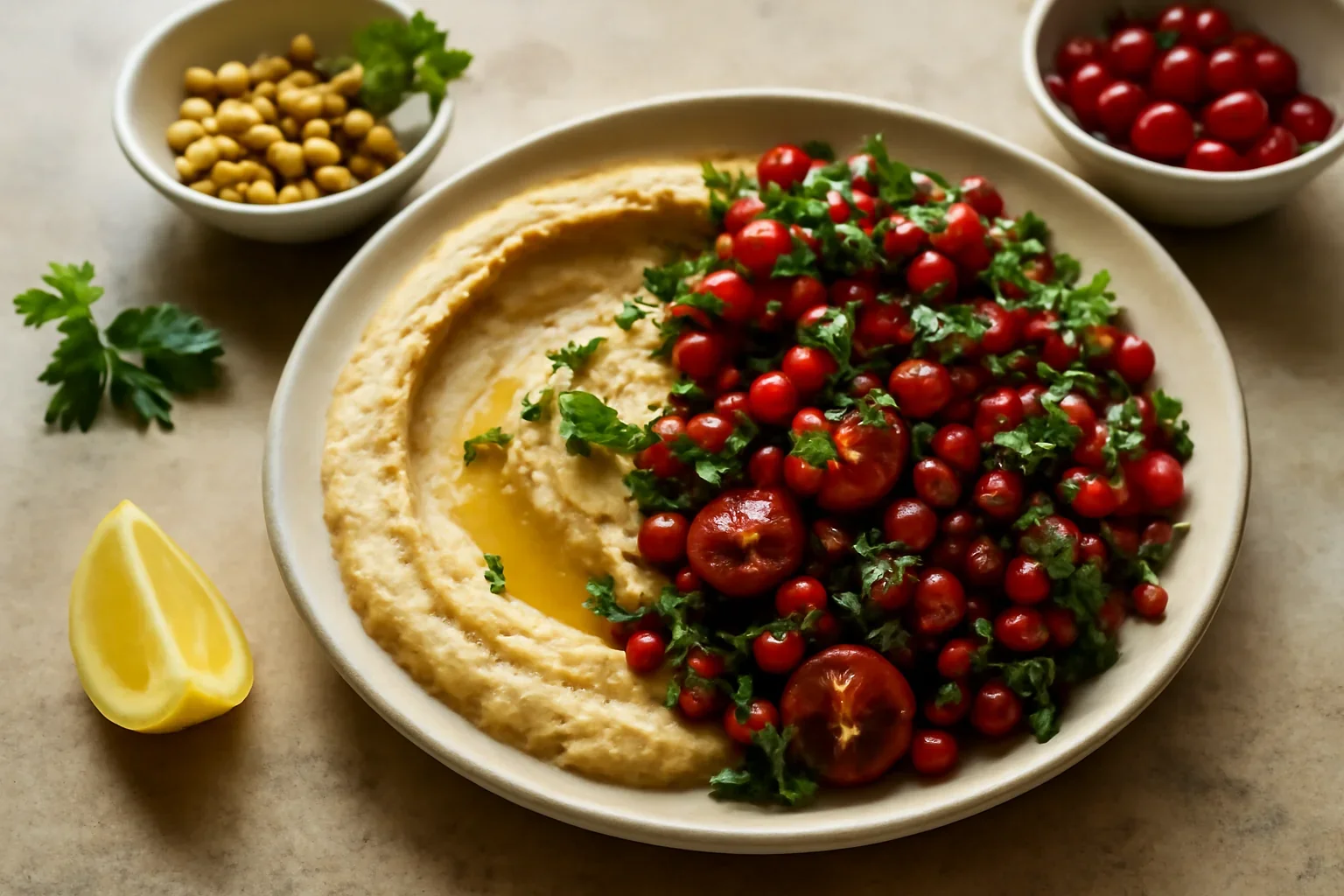 Hummus si salata de rosii cu rodii, reteta rapida, simpla si sanatoasa
