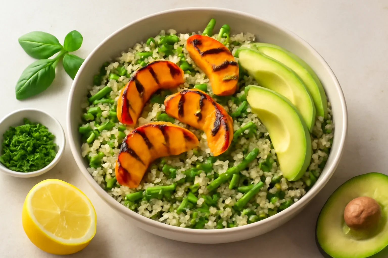 Salată cu quinoa, avocado și piersică la grătar