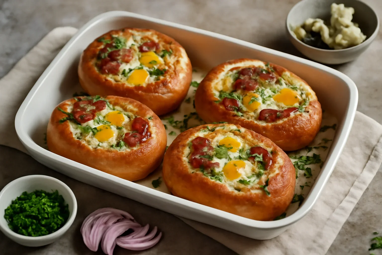 Chifle umplute cu brânză, afumătură și ouă de prepeliță – gratinate la cuptor