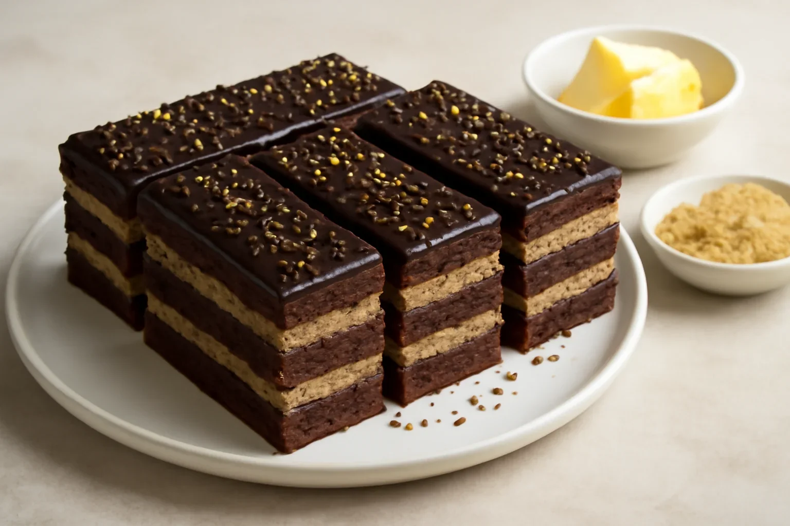 Prăjitură simplă cu cremă de nucă opărită cu lapte, ciocolată și foi fragede cu cacao și unt