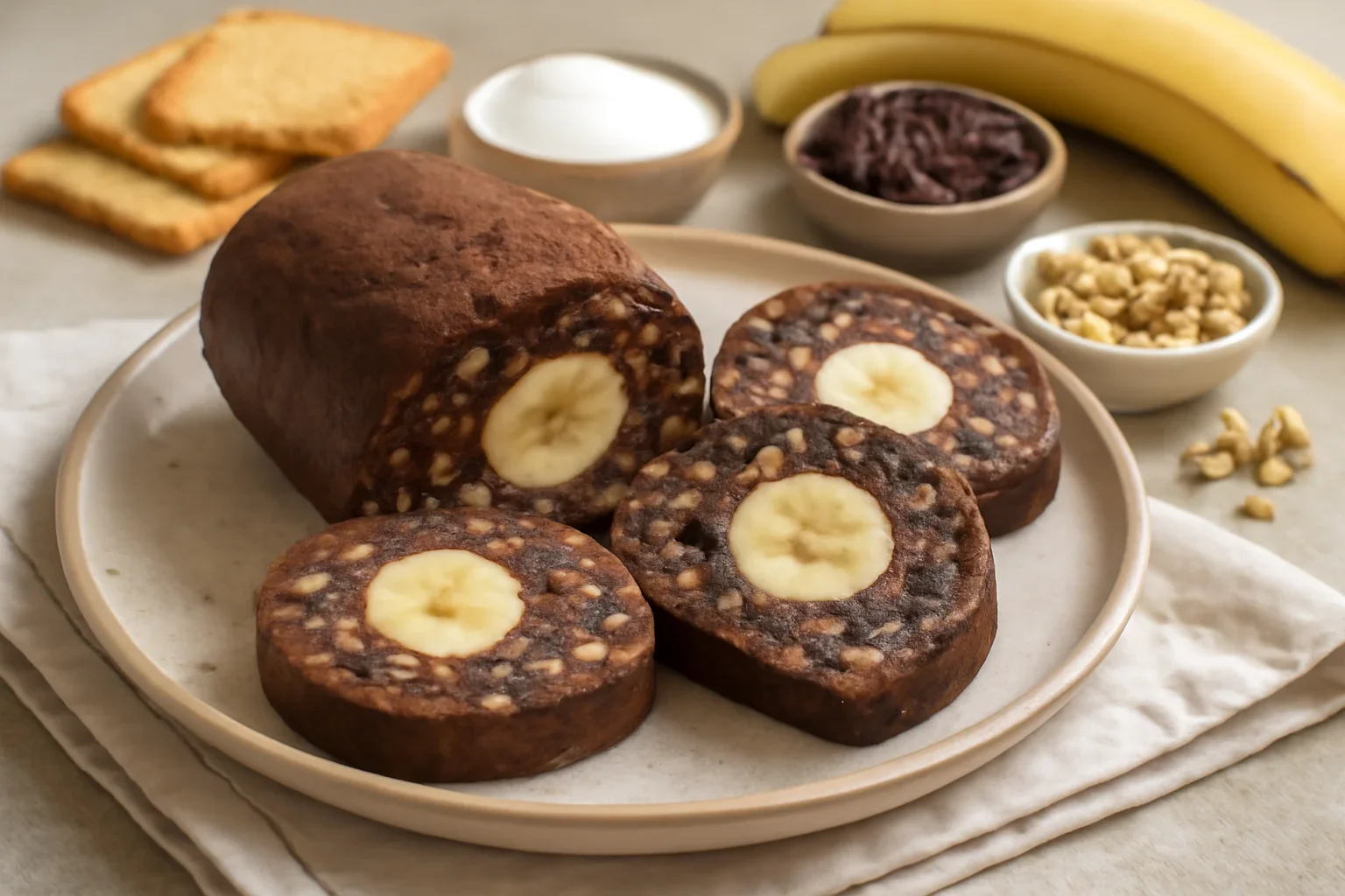 Salam de biscuiti cu banane, stafide, cacao si rom, reteta copilariei