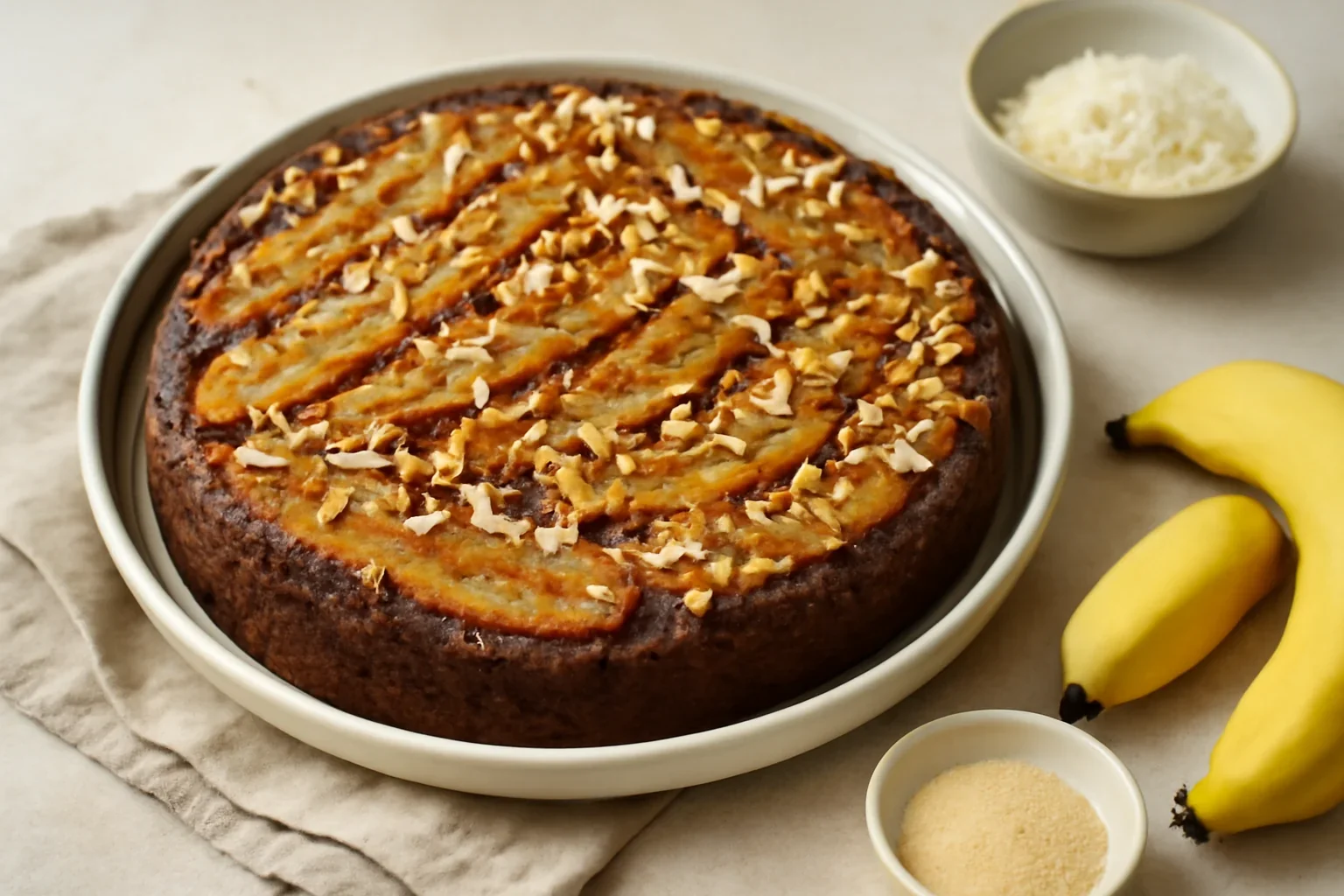 Prăjitură răsturnată cu banane caramelizate, fulgi de cocos și blat pufos cu cacao