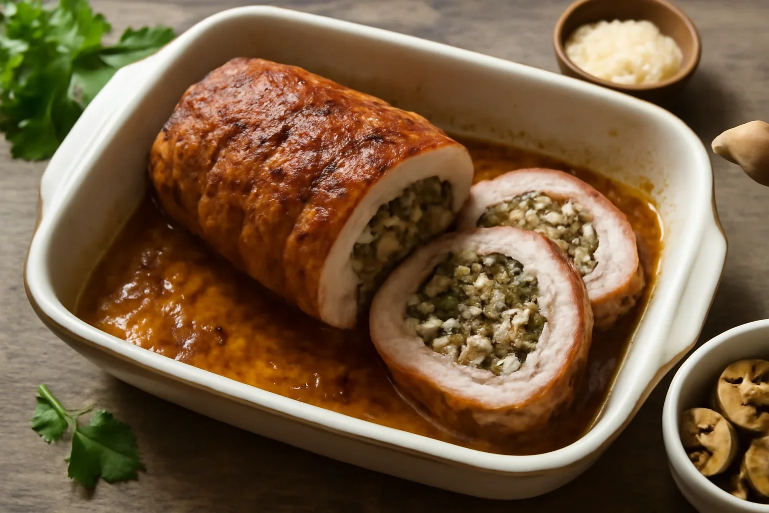 Muschi de porc umplut la cuptor – rulada cu ciuperci – reteta de friptura din pulpa de porc