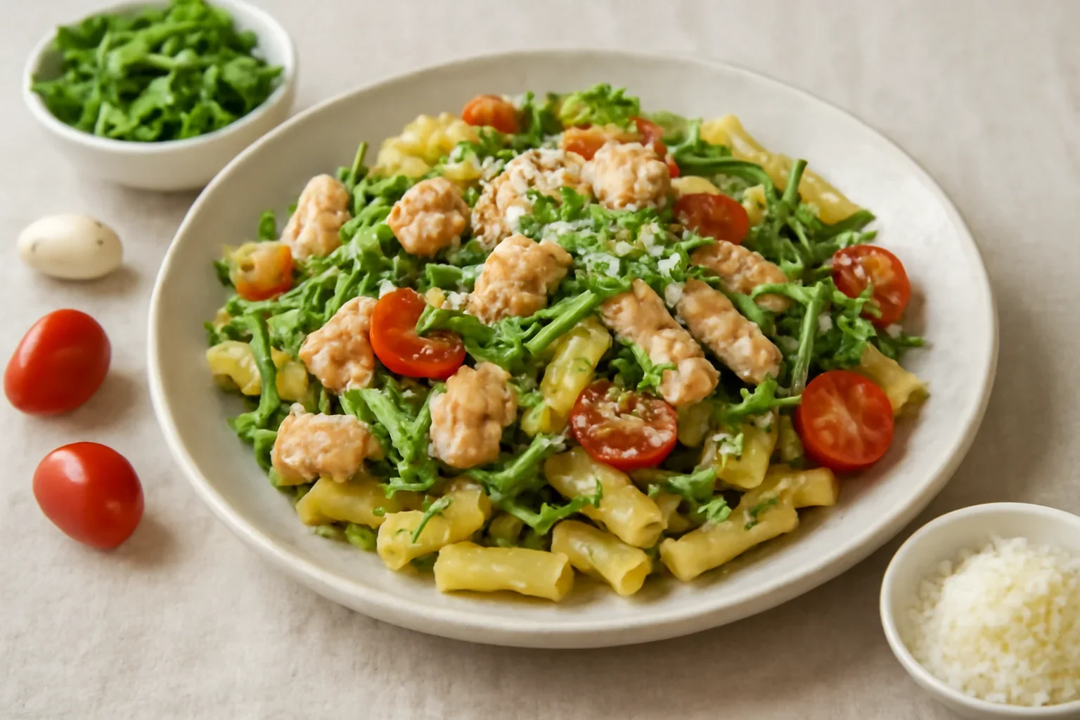 Paste cu piept de pui, rucola, roșii și usturoi – rețetă rapidă