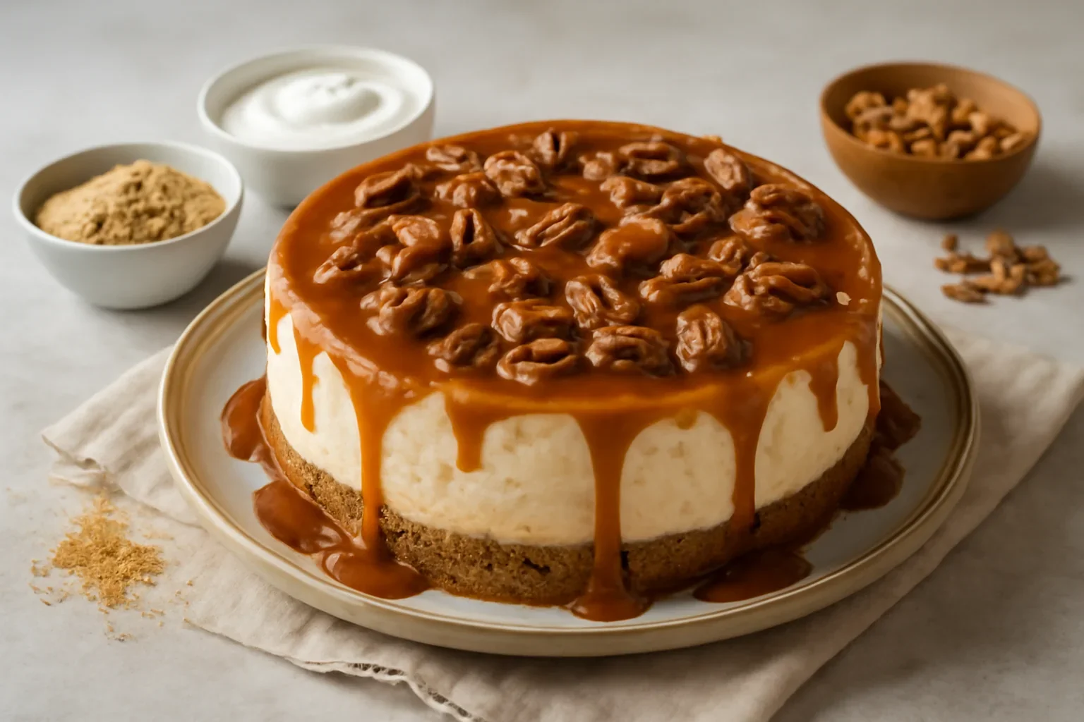Cheesecake cu nuca si caramel, cremos si crocant