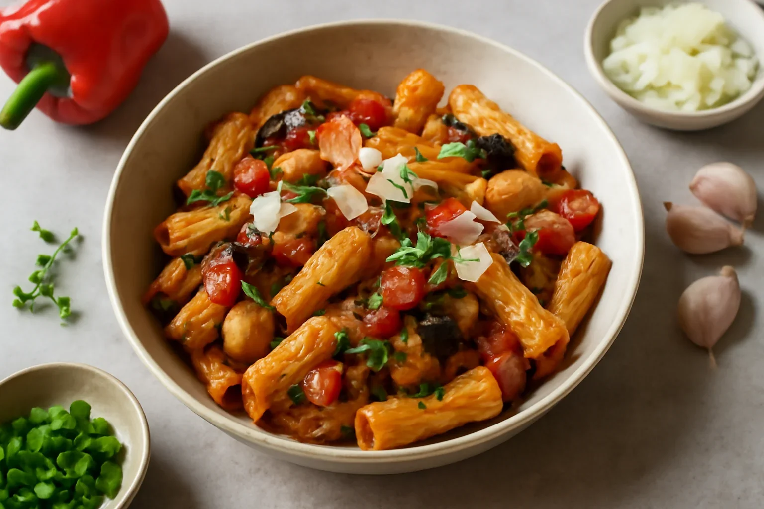 Paste cu ardei copt, usturoi si vinete caramelizate