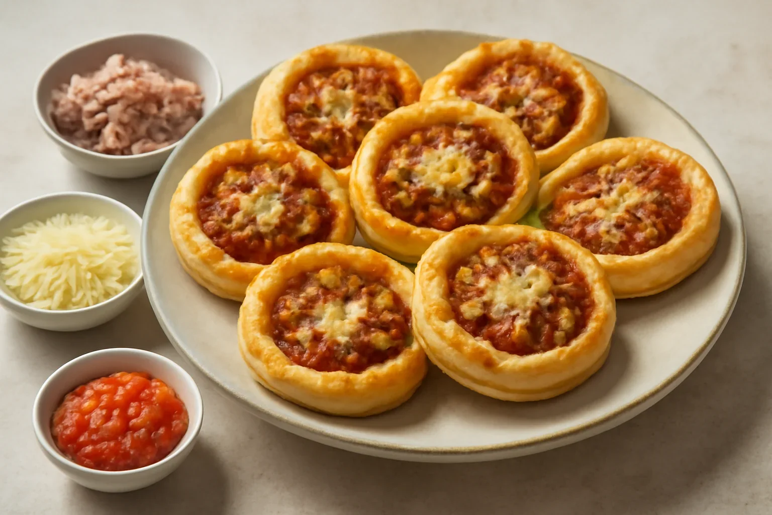 Foietaj cu carne tocată, brânză și roșii – rețeta de mini tarte aperitiv cu gust de pizza