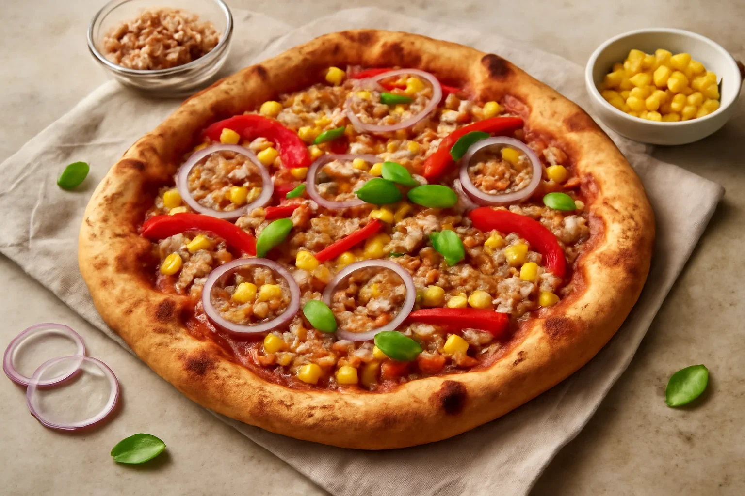 Pizza cu blat precopt cu ton, ceapa si porumb