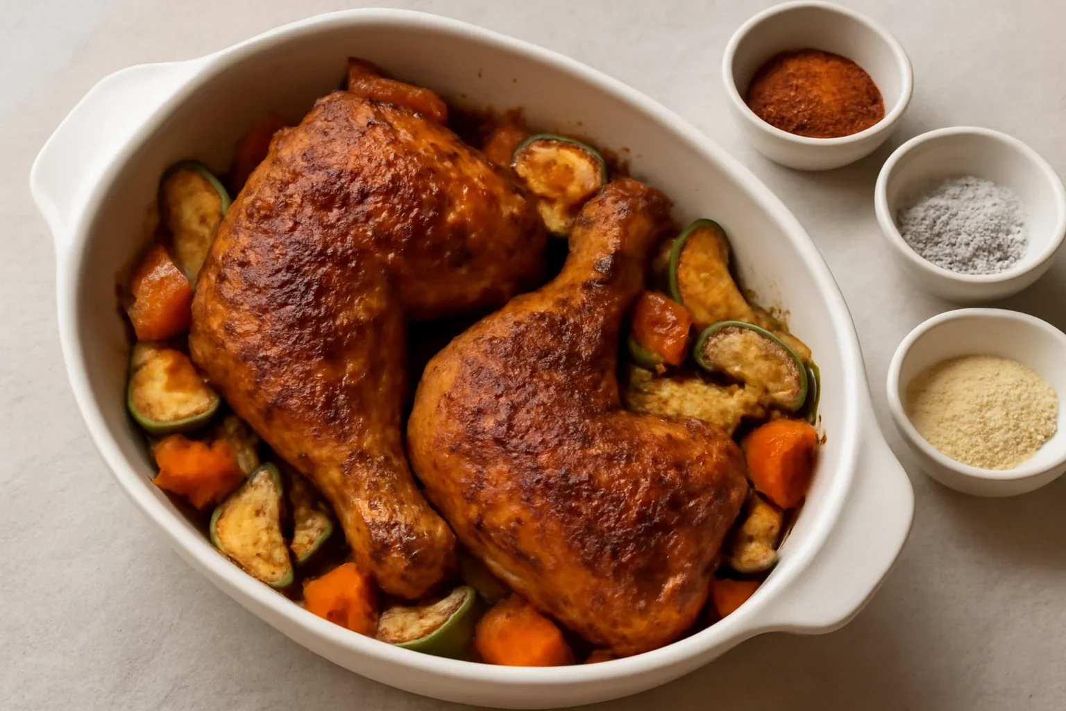 Pui cu harissa, usturoi și legume – rețeta de pulpe picante de pui la air fryer sau la cuptor