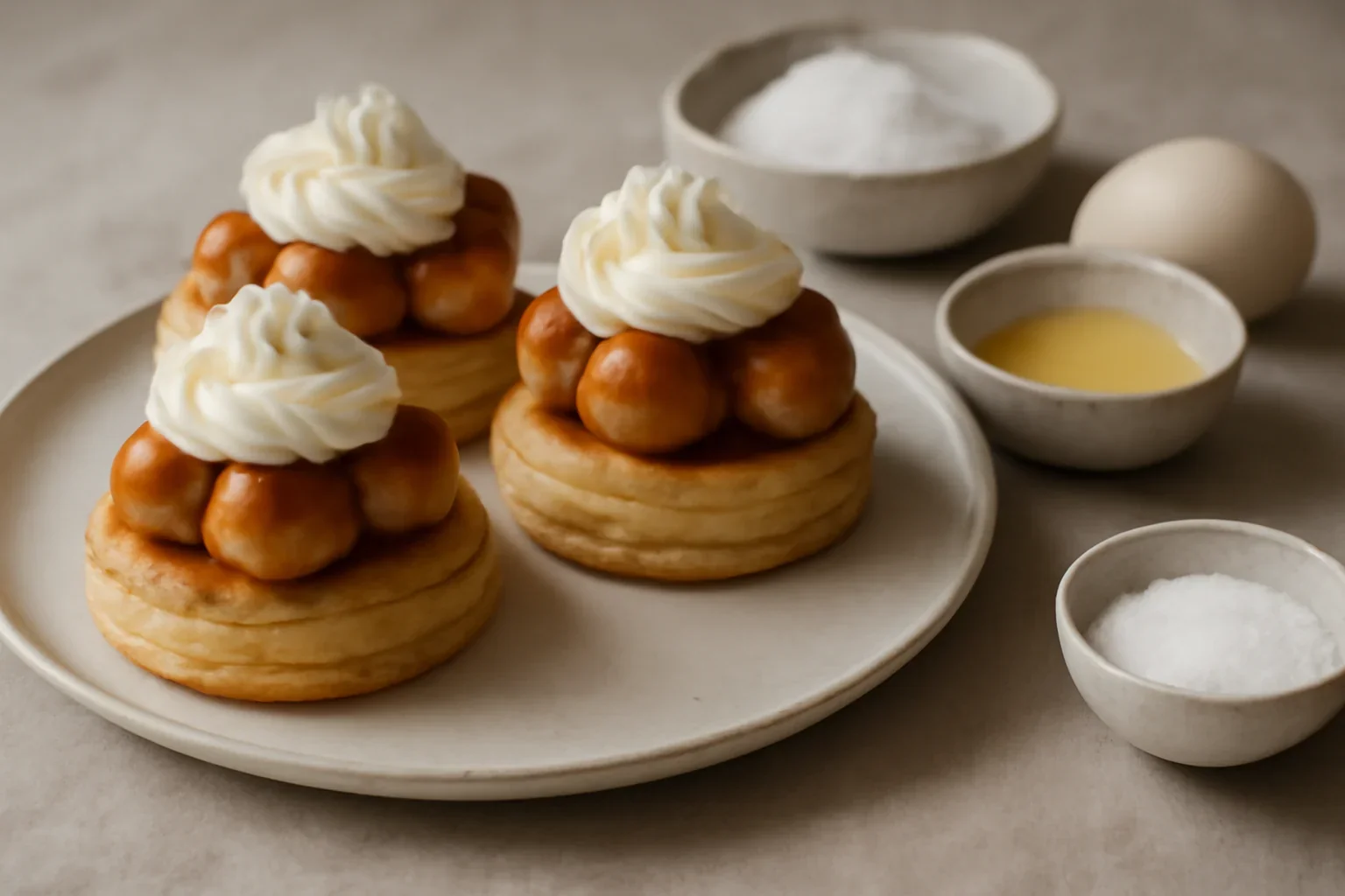 Mini Saint Honoré – rețeta de prăjituri cu foietaj, aluat de ecler, caramel și cremă de vanilie