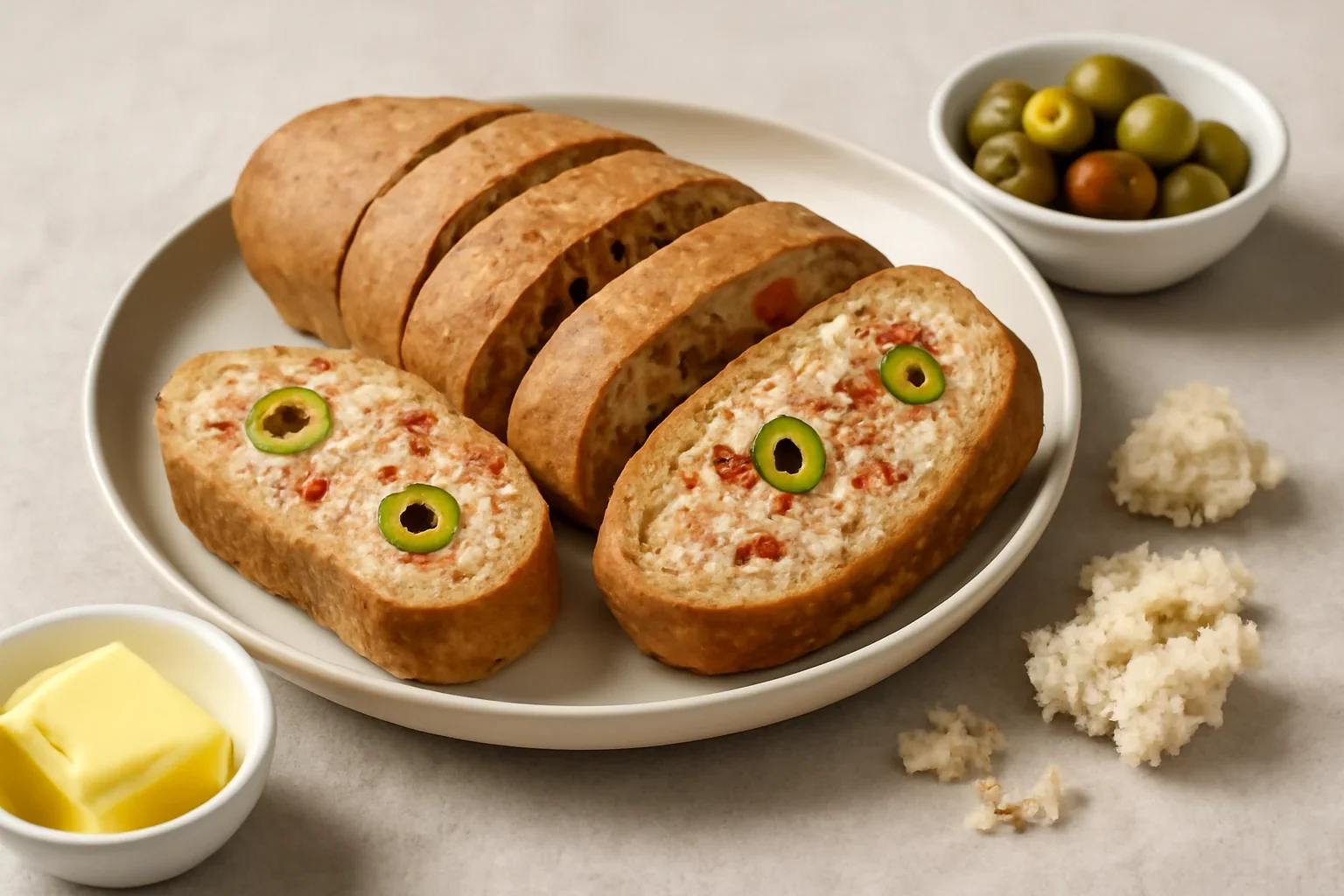 Franzelă umplută cu pastă de ton, ardei copți și măsline – aperitiv din felii de pâine, corn sau baghetă